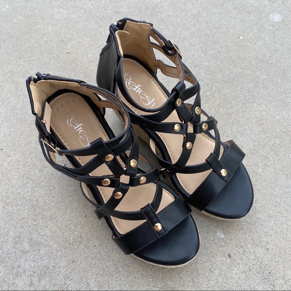 New Black Strappy Gold Espadrille Sandal Wedges - Picture 7 of 8